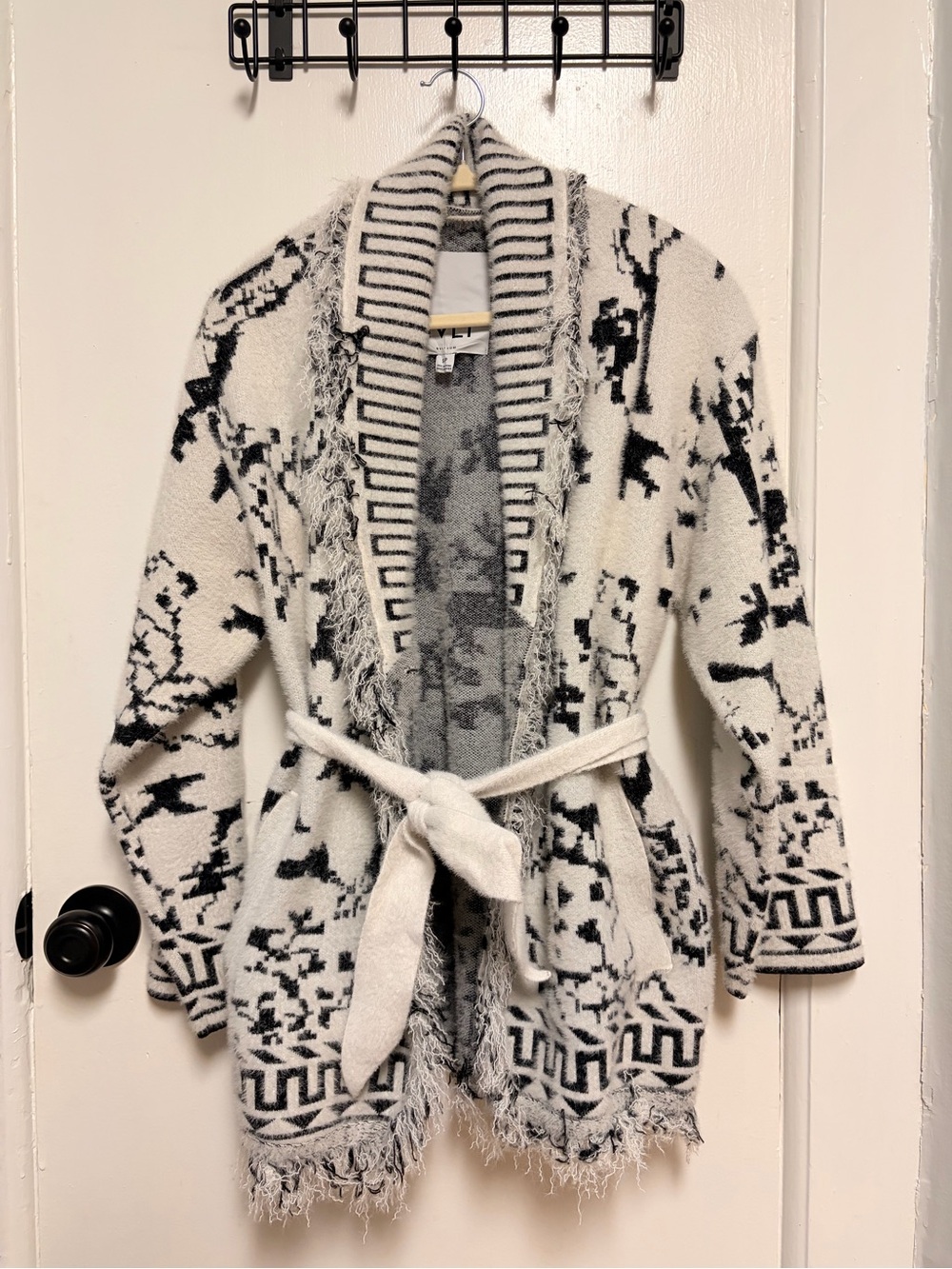Cozy Black & White Belted Fringed Eyelash Sweater Coat